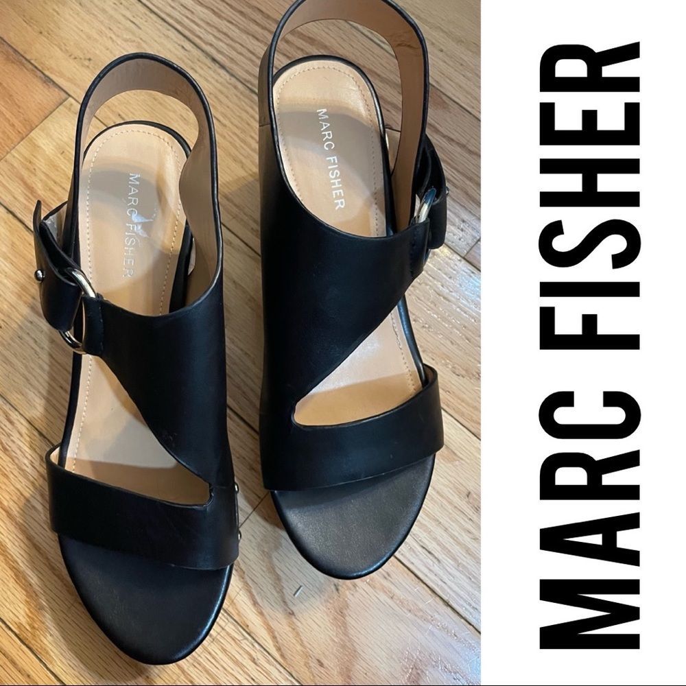 Marc Fisher Open Toe Slingback Wedge Sandal Black and Tan with Stud Detail